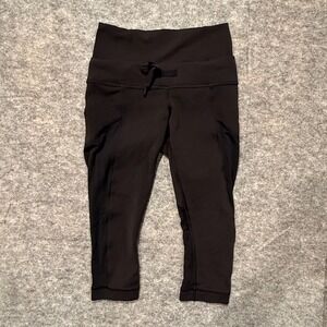 Lululemon Black Roll Down Waist Crop Running Yoga Leggings Mesh Pockets Size 4 S